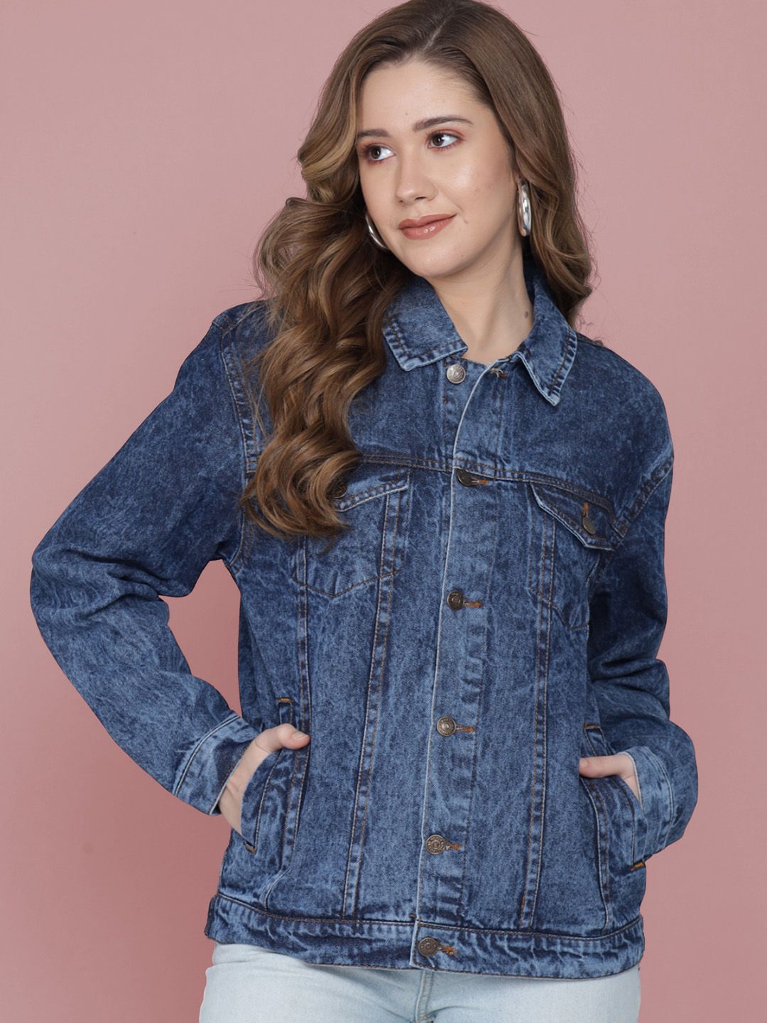 Kotty Women Spread Collar Washed Self Design Cotton Casual Denim Jacket