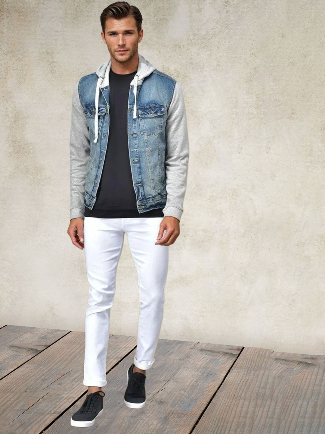 Kotty Men Hooded Solid Denim Jacket