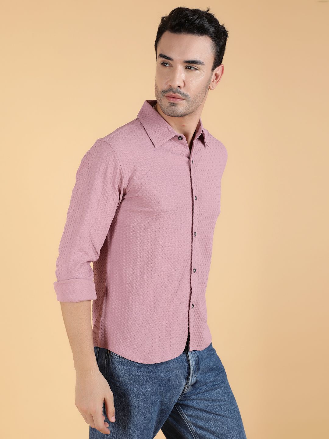 Kotty Men Relaxed Spread Collar Textured Cotton Casual Shirt