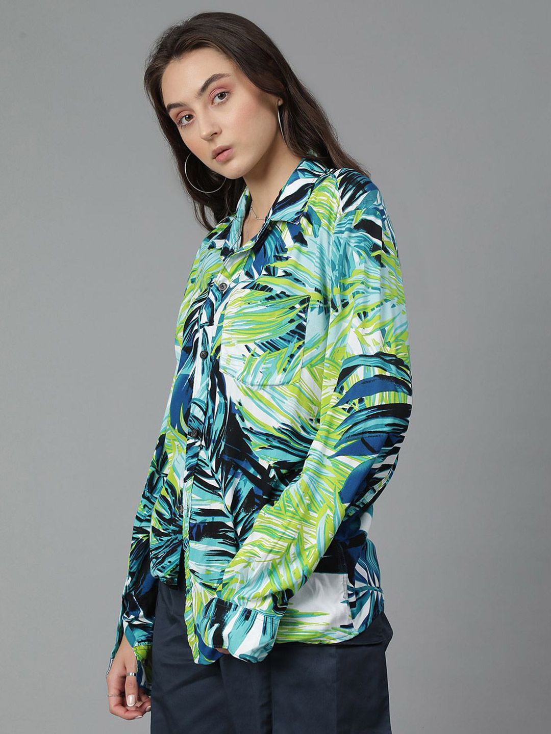 Kotty Women Spread Collar Floral Printed Cotton Oversized Casual Shirt