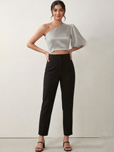 Kotty Top Charcoal Grey Women's Crop Puff-Sleeves Three-Quarter-Sleeve