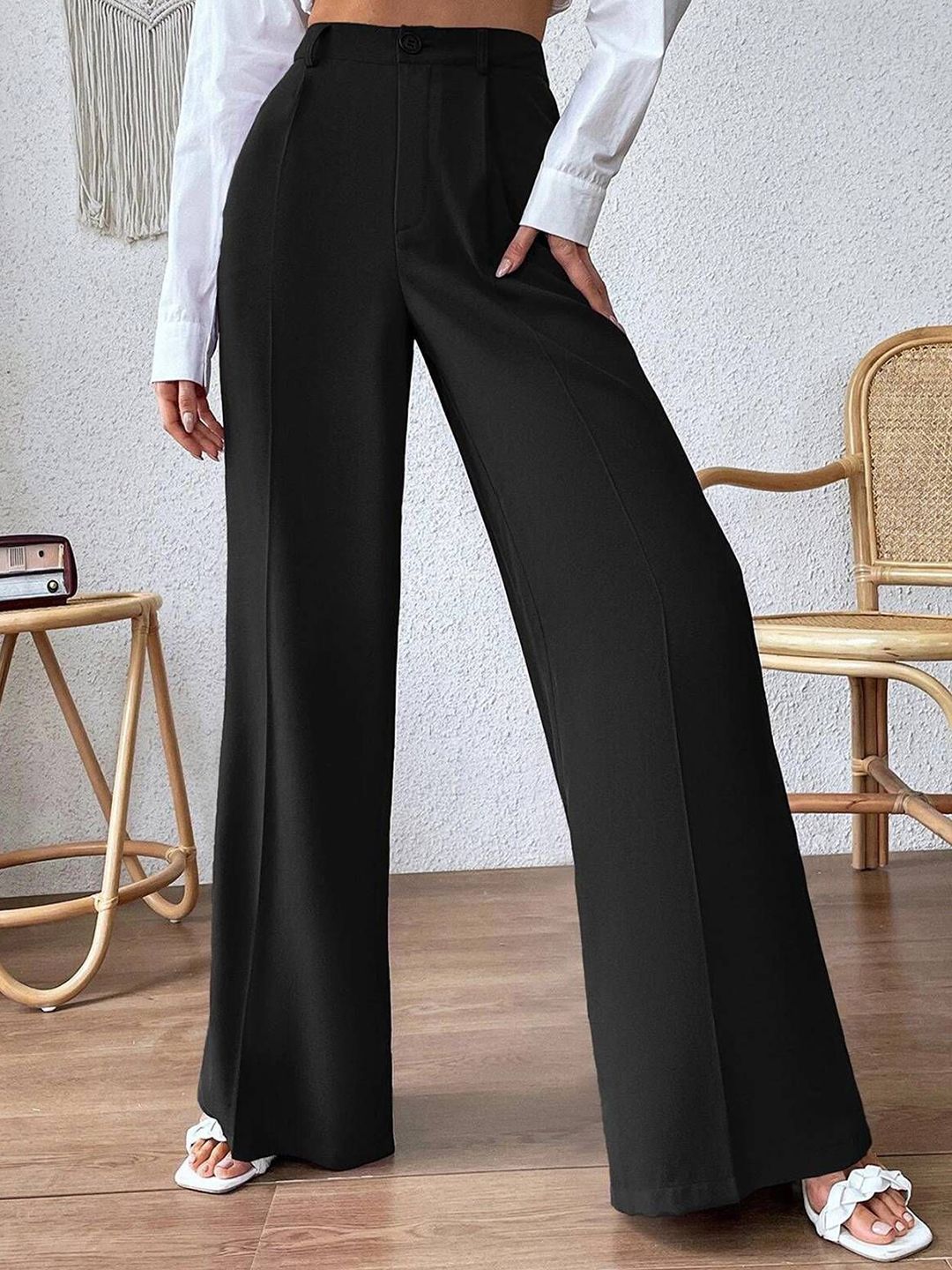 KOTTY Basics Women Relaxed Straight Leg High-Rise Easy Wash Trousers