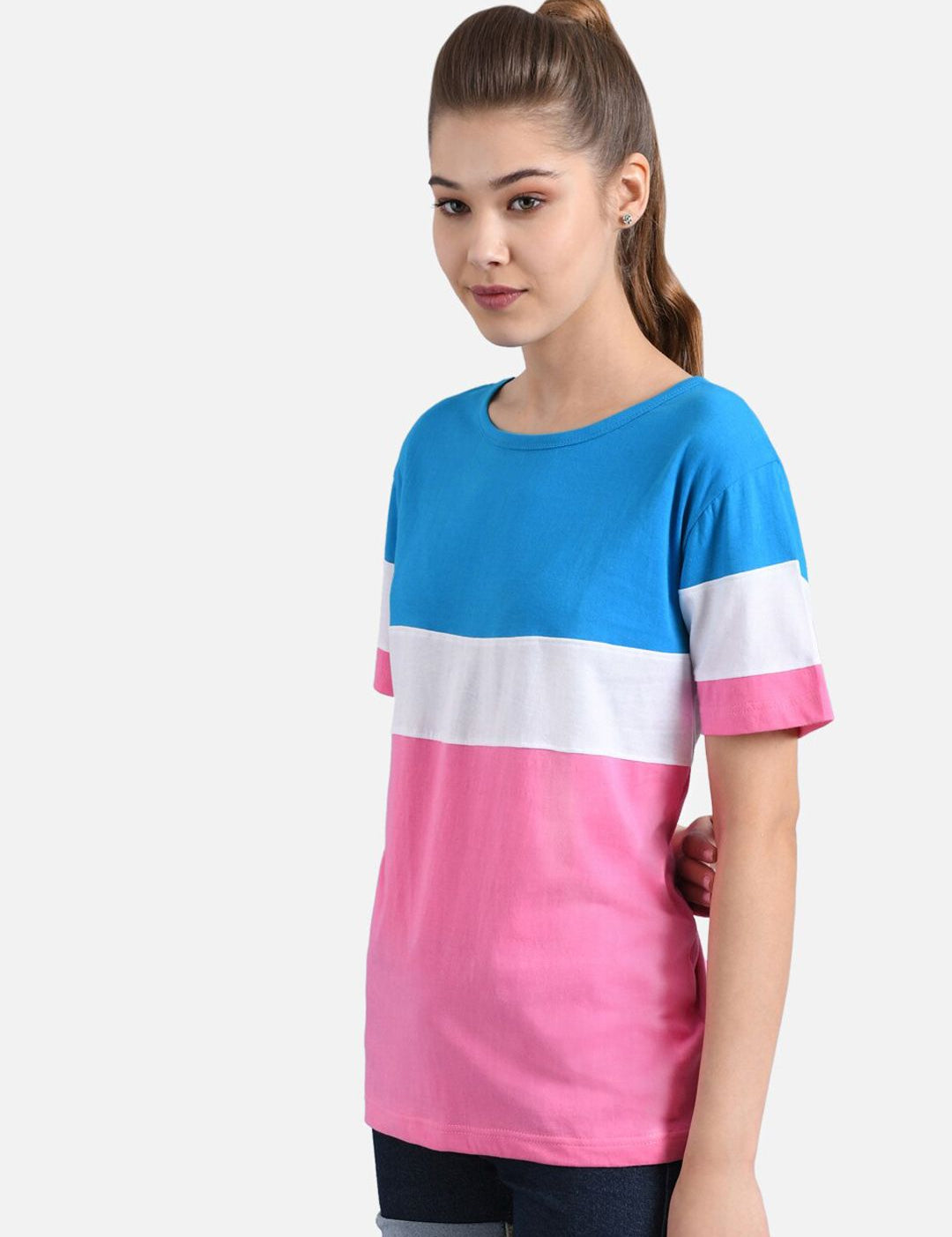 Kotty Women Pink & Turquoise Blue Colourblocked Round Neck T-shirt