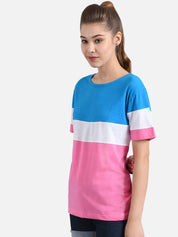 Kotty Women Pink & Turquoise Blue Colourblocked Round Neck T-shirt