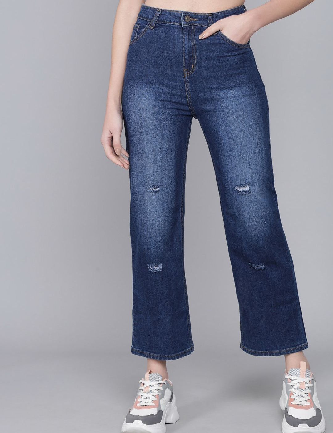 Kotty Women Blue Flared High-Rise Low Distress Light Fade Cropped  Jeans