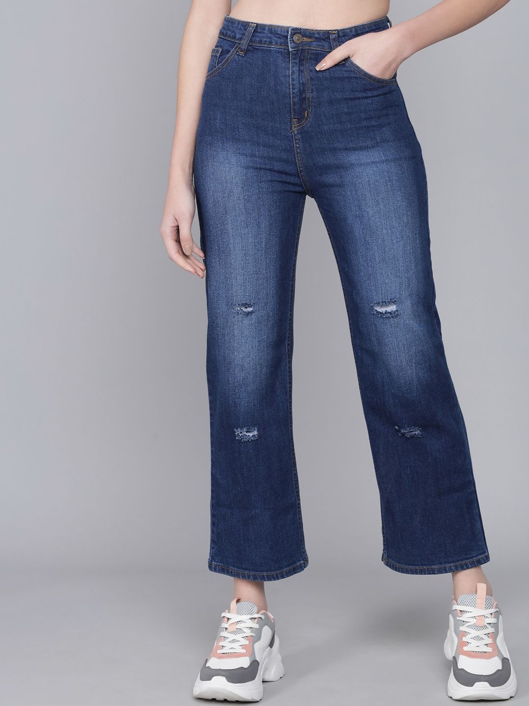 Kotty Women Blue Flared High-Rise Low Distress Light Fade Cropped  Jeans