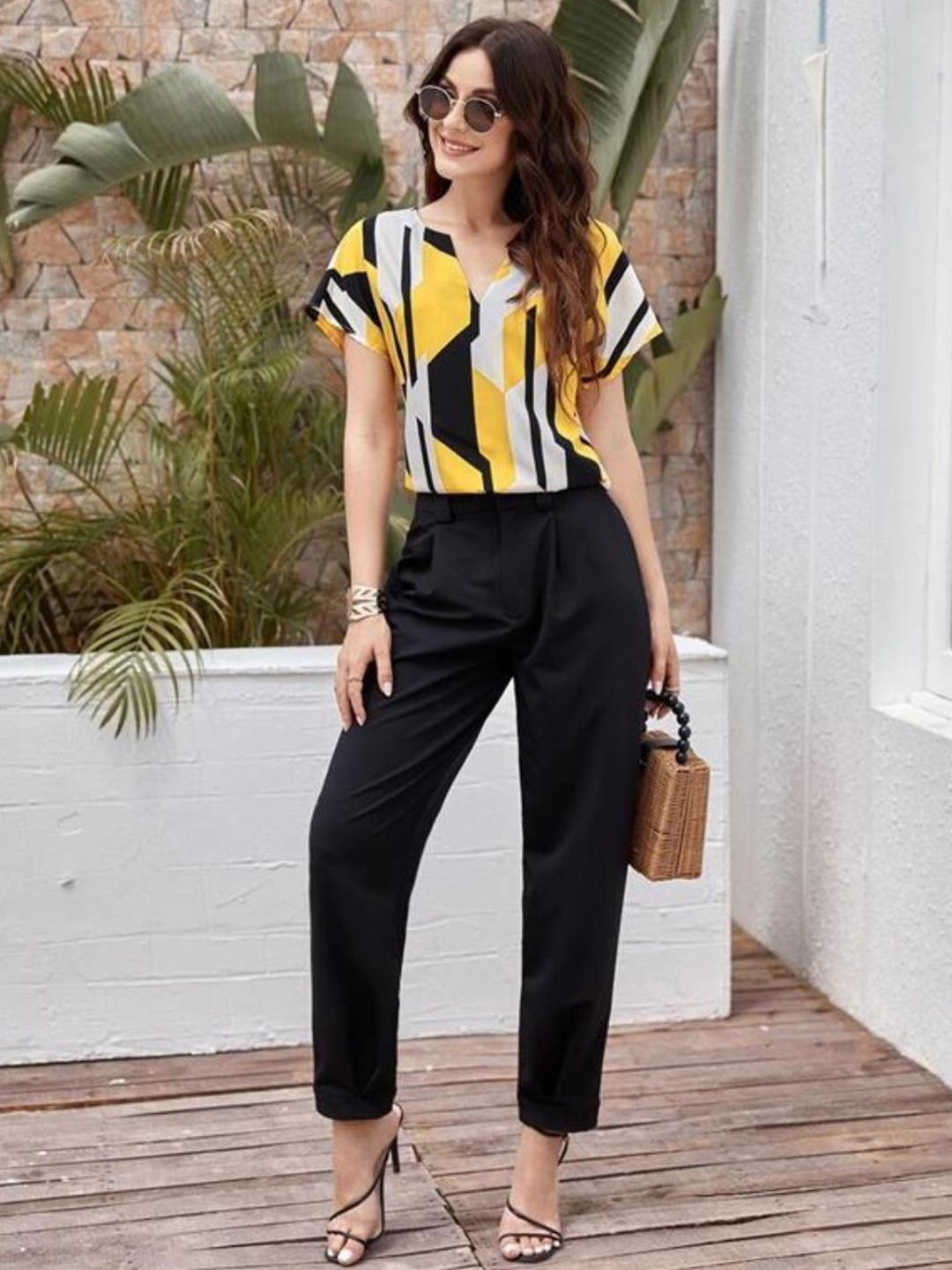 Kotty Yellow Abstract Printed Extended Sleeves Top