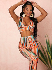 Kotty Orange Striped Halter Neck Top With Trousers 