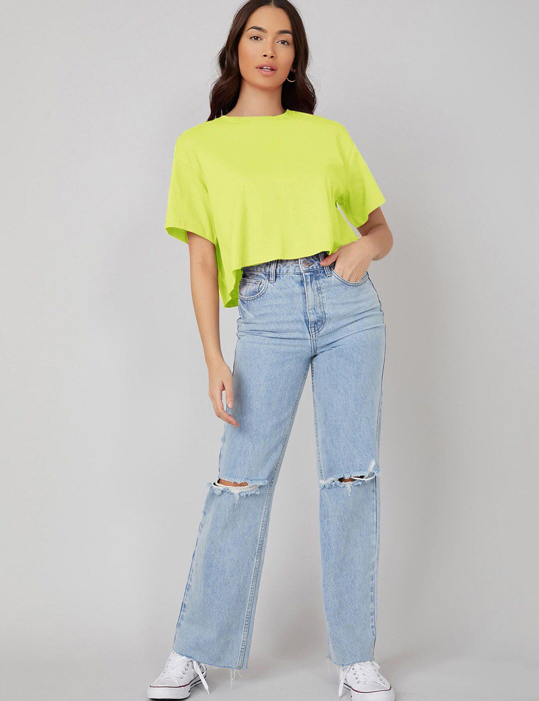 KOTTY Basics Yellow Round Neck Drop-Shoulder Sleeves Crop Oversized T-shirt