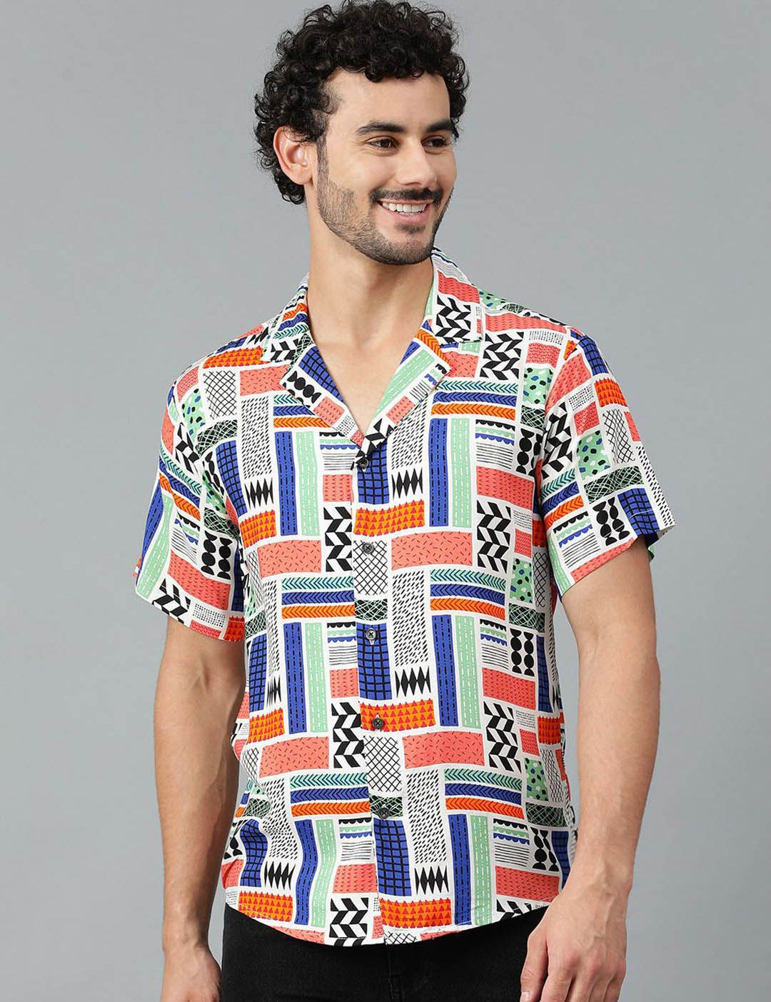 Kotty Men Cuban Collar Abstract Printed Casual Shirt