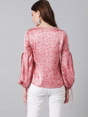 Kotty Pink Floral Printed Bishop Sleeves Satin Top