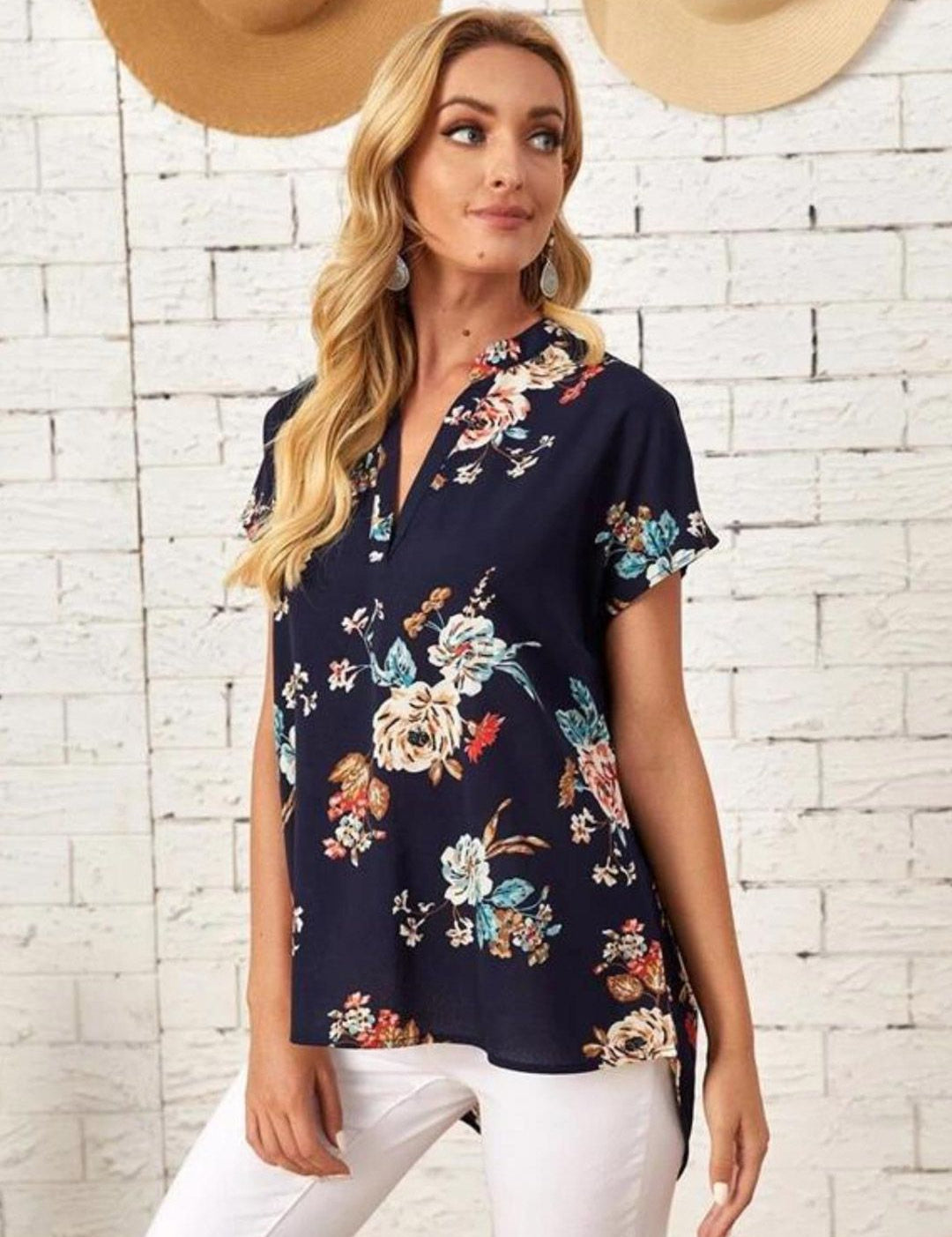 Kotty Navy Blue Floral Print Mandarin Collar Crepe Top