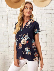 Kotty Navy Blue Floral Print Mandarin Collar Crepe Top