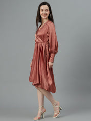 Kotty V-Neck Cuffed Sleeves Satin Wrap Dress