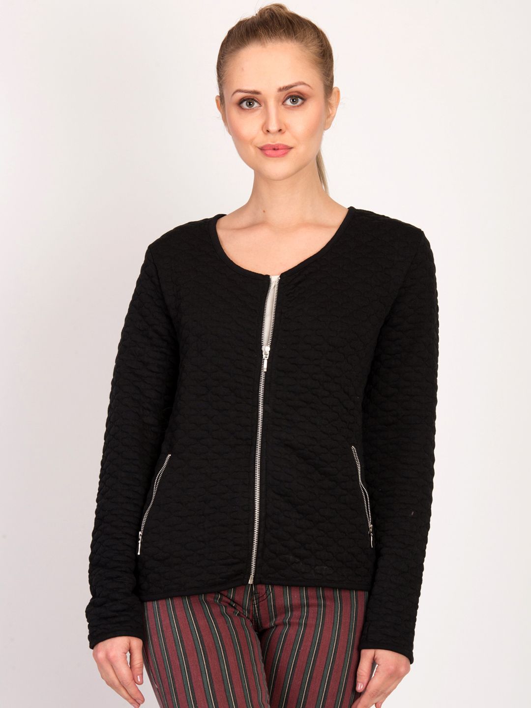 Kotty Women Black Self Design Open Front Jacket