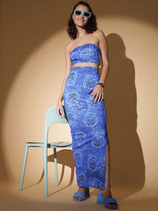 Kotty Blue Printed Strapless Top With Skirts