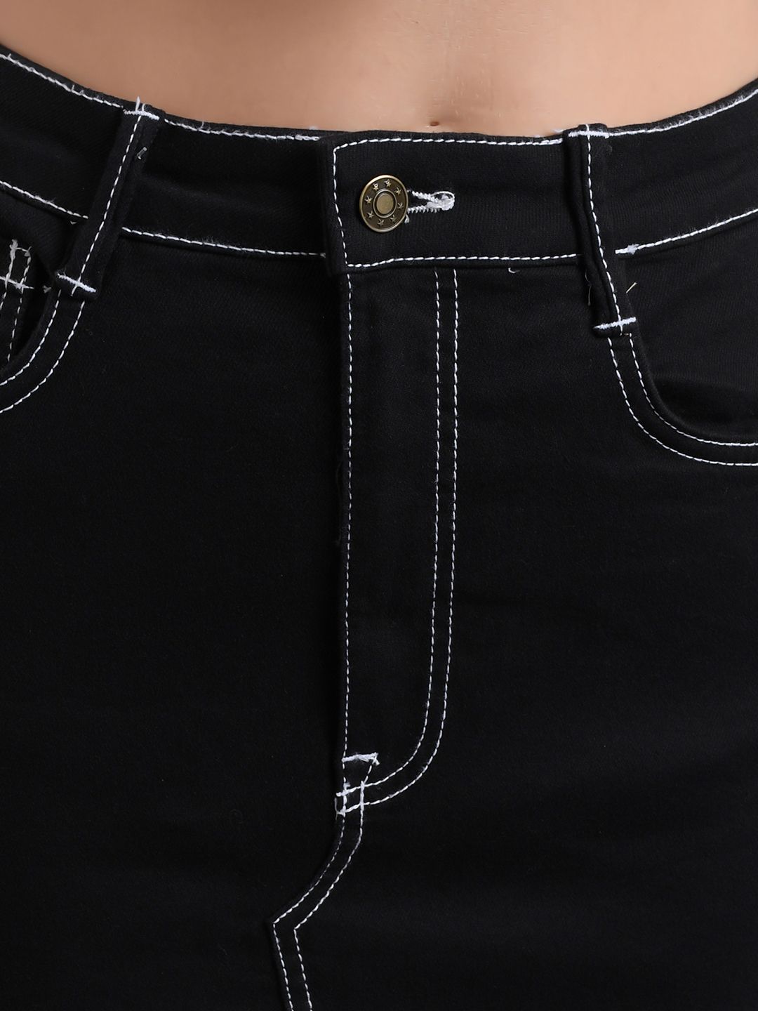 Kotty Women Black Solid Denim Straight Skirt