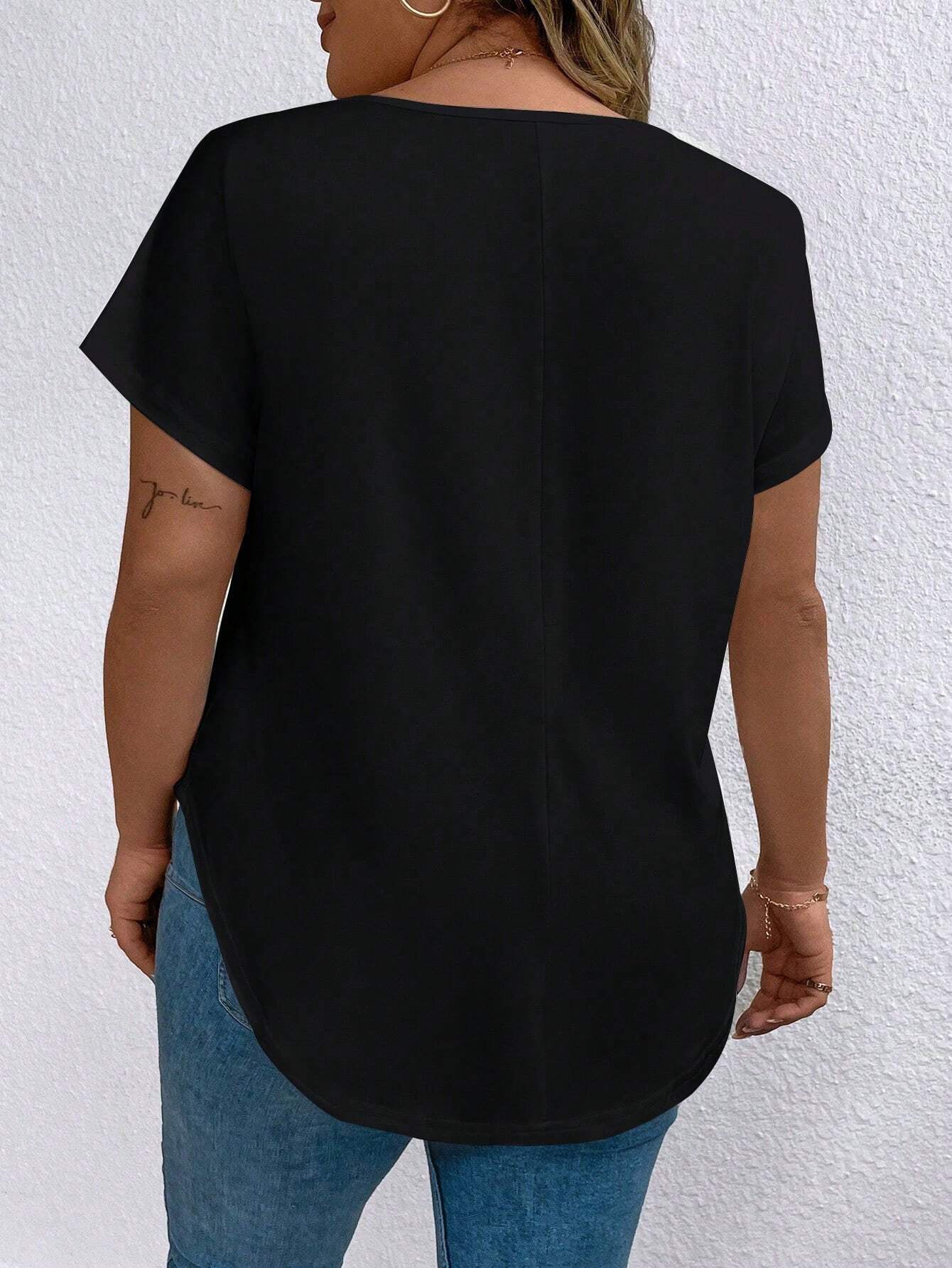 Plus Size Stylish V Neck Balck Women’s Tops