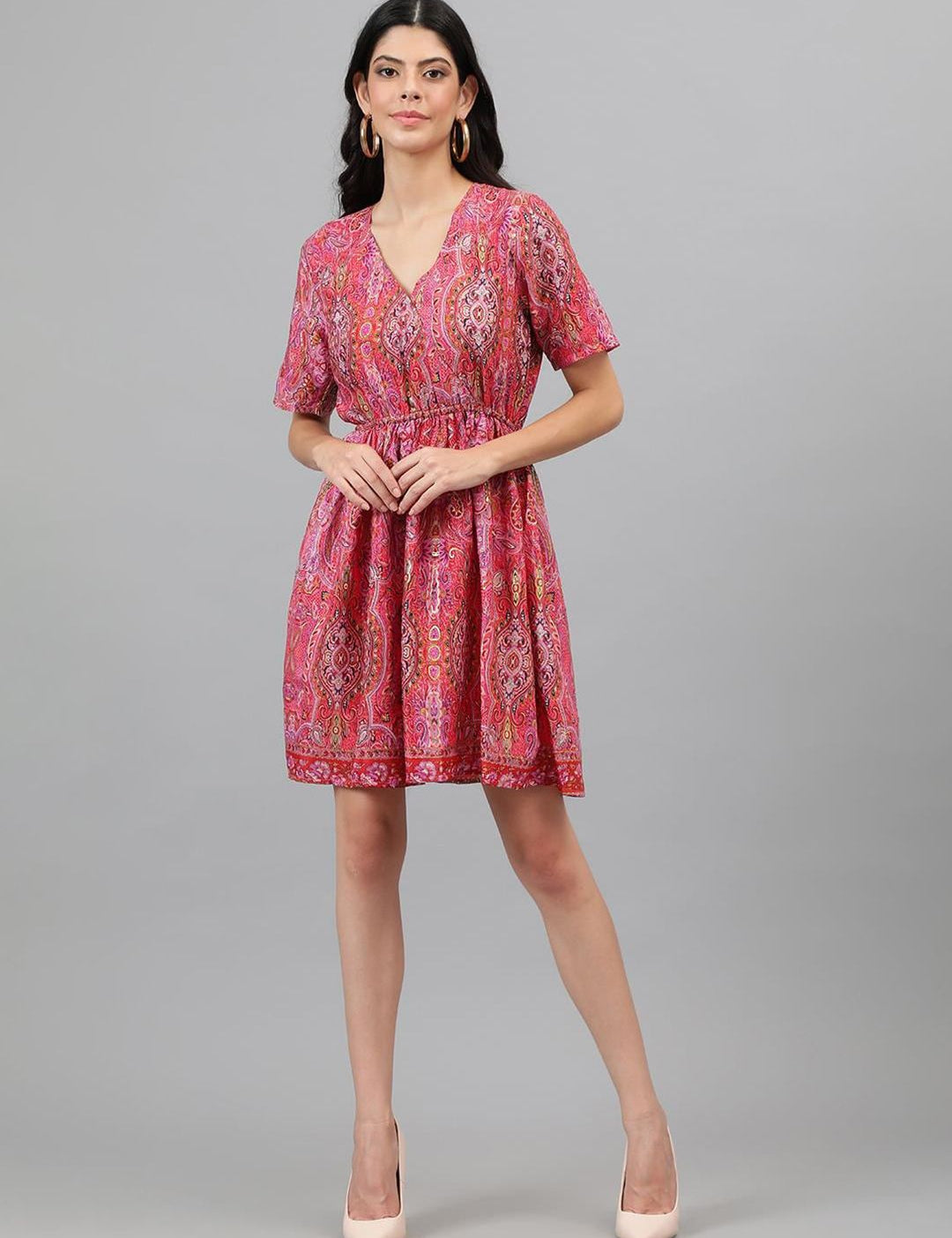 Kotty Orange And Pink Ethnic Printed V-Neck Blouson Dress