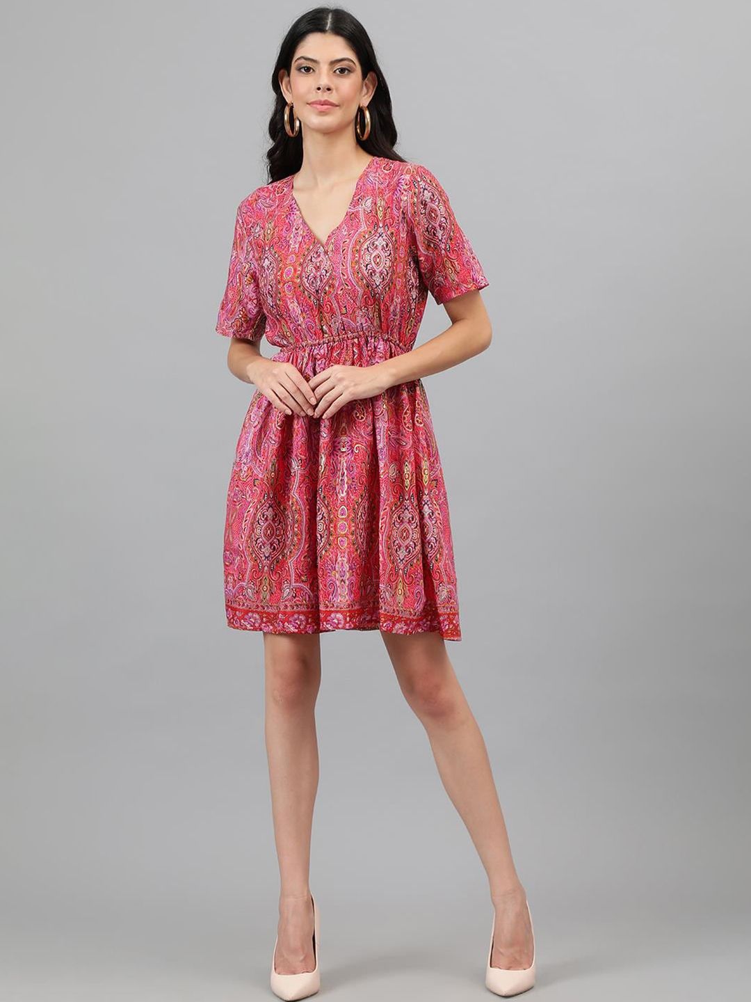 Kotty Orange And Pink Ethnic Printed V-Neck Blouson Dress