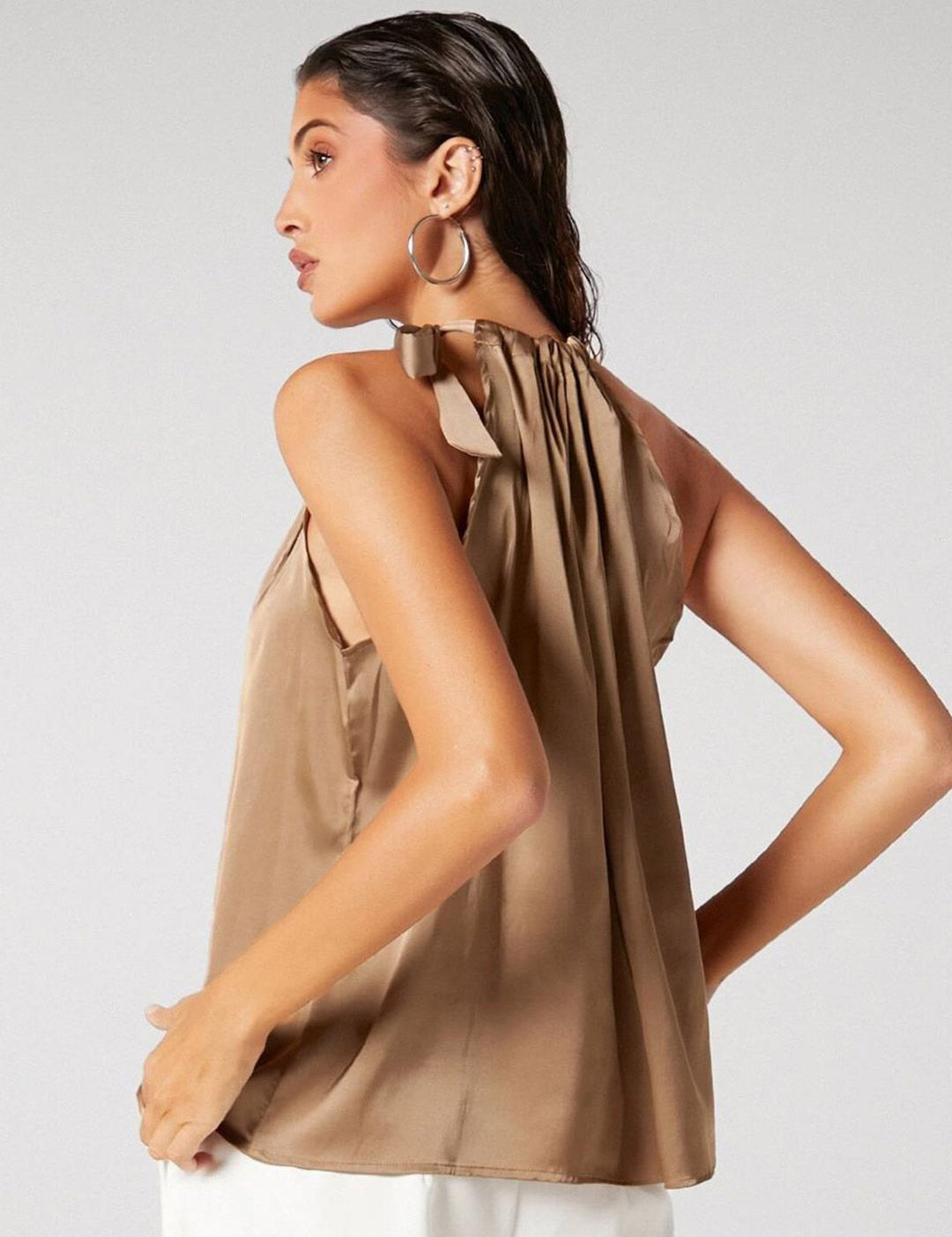 Kotty Brown Tie-Up Neck Sleeveless Satin Top