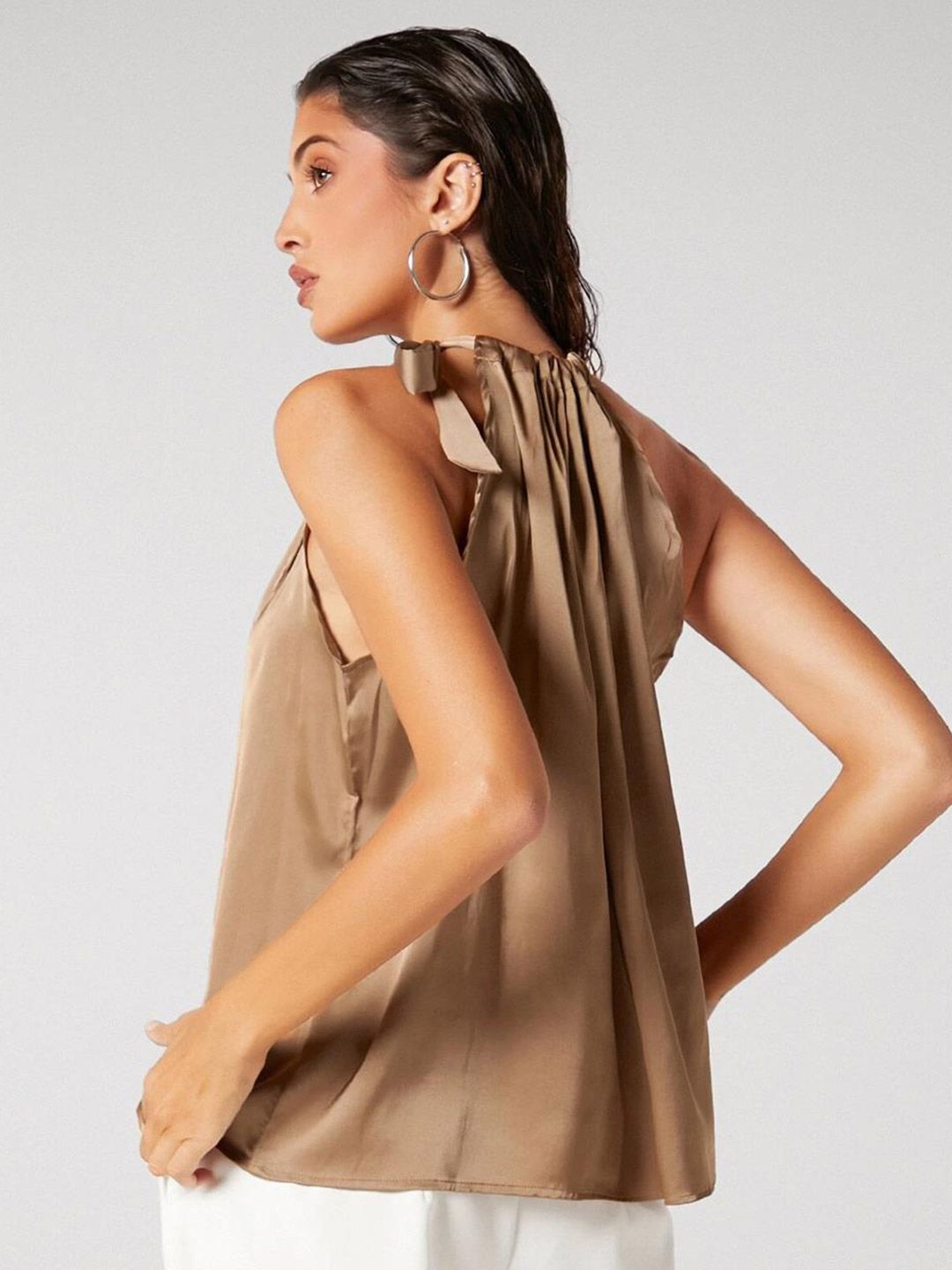 Kotty Brown Tie-Up Neck Sleeveless Satin Top