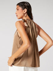 Kotty Brown Tie-Up Neck Sleeveless Satin Top