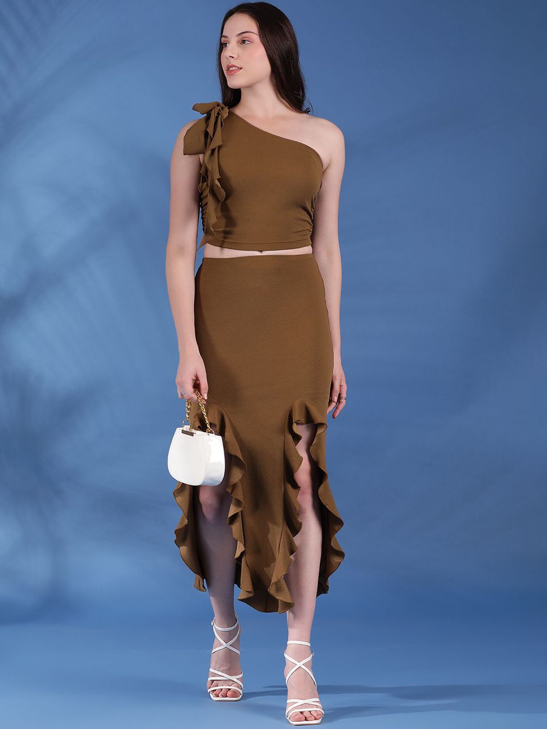 Kotty Brown One Shoulder Top With Skirt