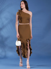 Kotty Brown One Shoulder Top With Skirt