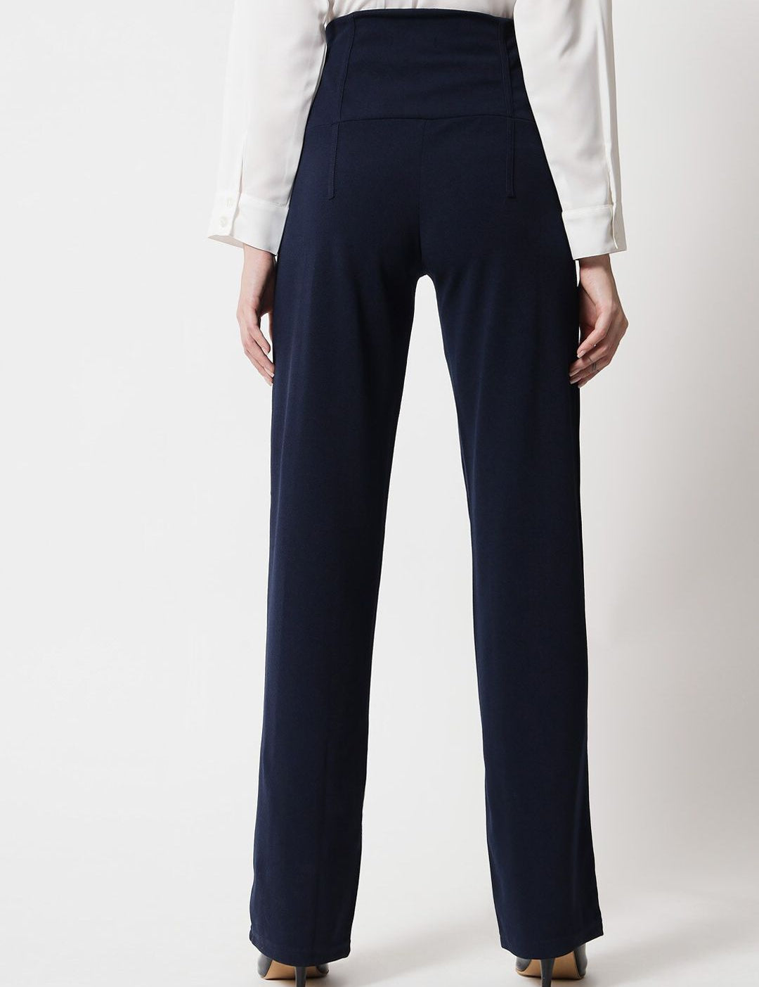 Kotty Women Navy Blue Relaxed Straight Fit High-Rise Easy Wash Trousers