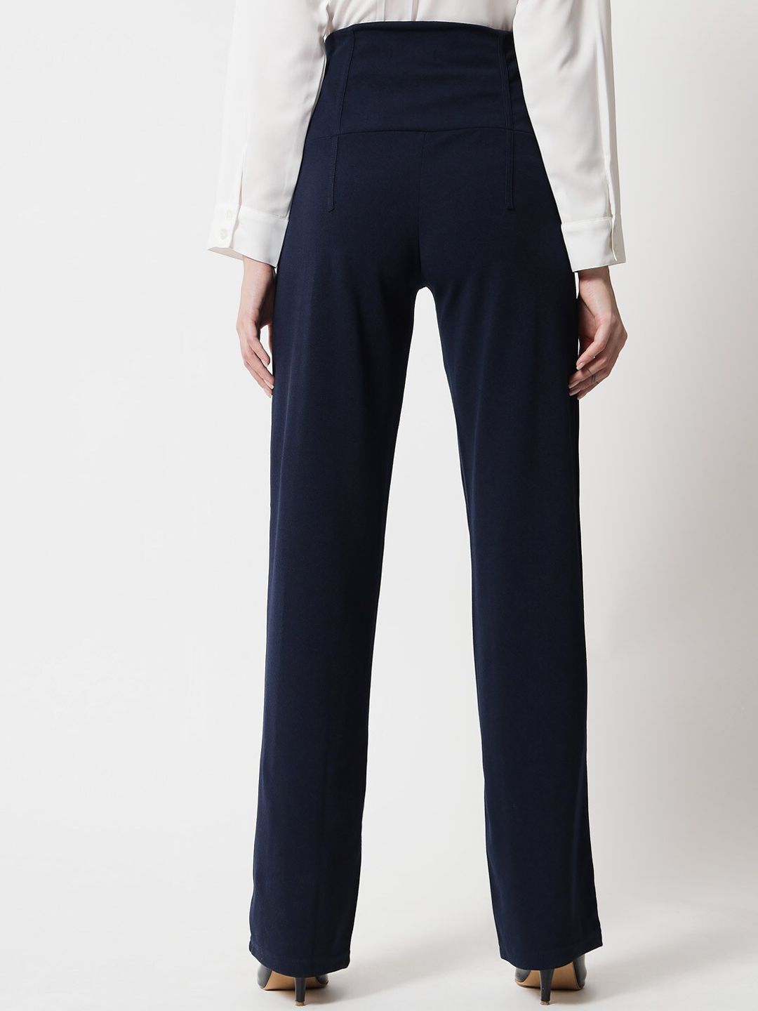 Kotty Women Navy Blue Relaxed Straight Fit High-Rise Easy Wash Trousers