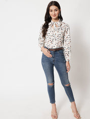 Kotty Printed Tie-Up Neck Shirt Style Top