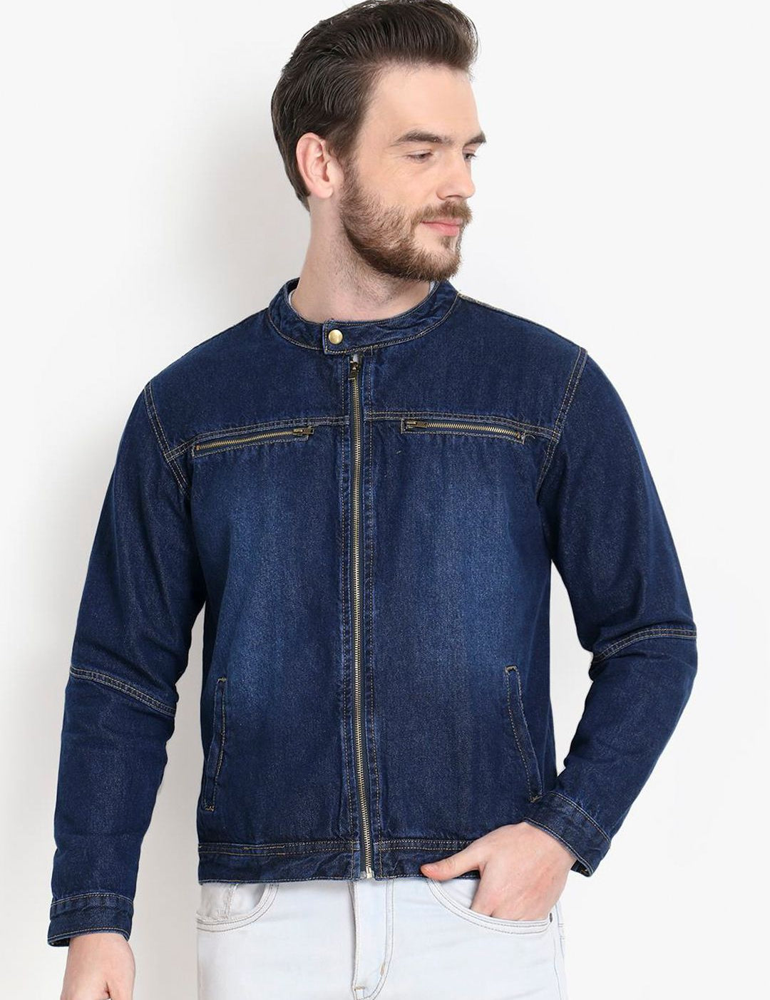 Kotty Men Navy Blue Solid Denim Jacket