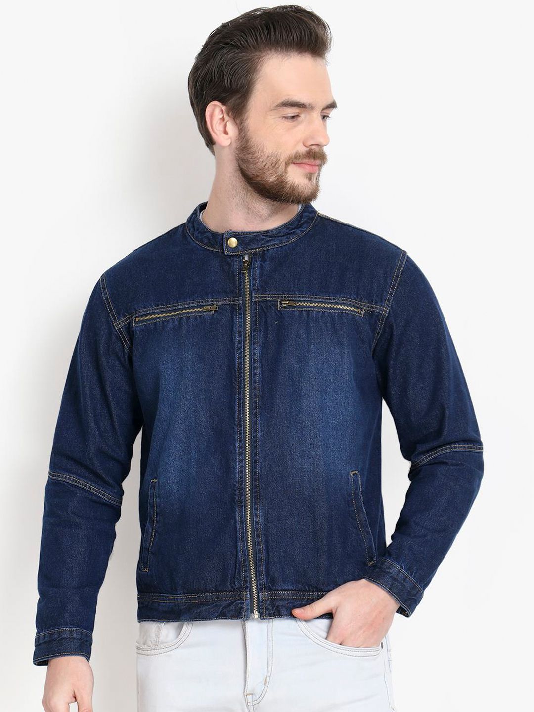 Kotty Men Navy Blue Solid Denim Jacket