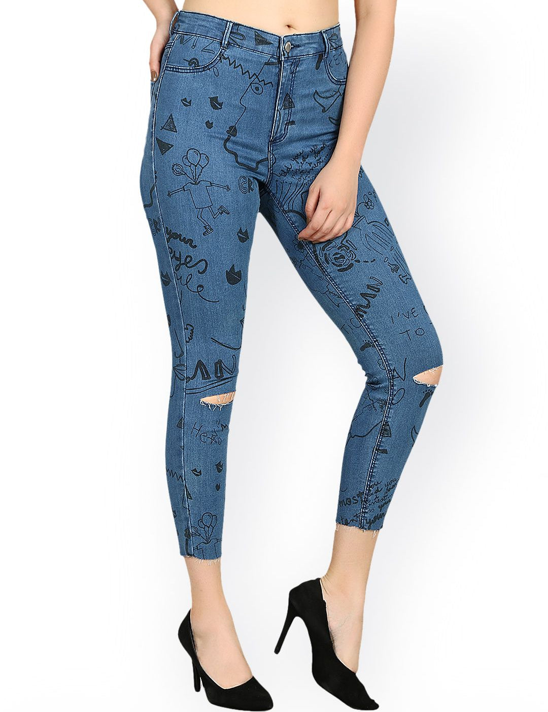 Kotty Women Blue Skinny Fit High-Rise Slash Knee Printed Stretchable Jeans