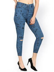 Kotty Women Blue Skinny Fit High-Rise Slash Knee Printed Stretchable Jeans