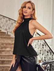 Kotty Black Halter Neck Styled Back Satin Top