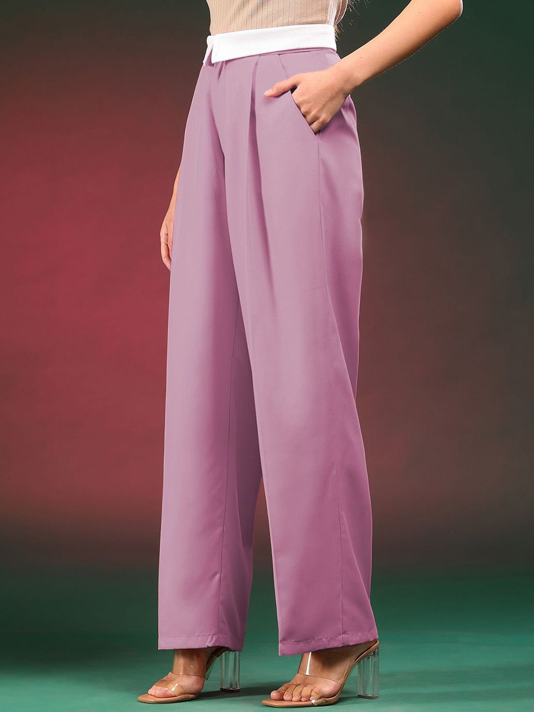 Kotty Women Straight Fit High-Rise Easy Wash Pleated Trousers