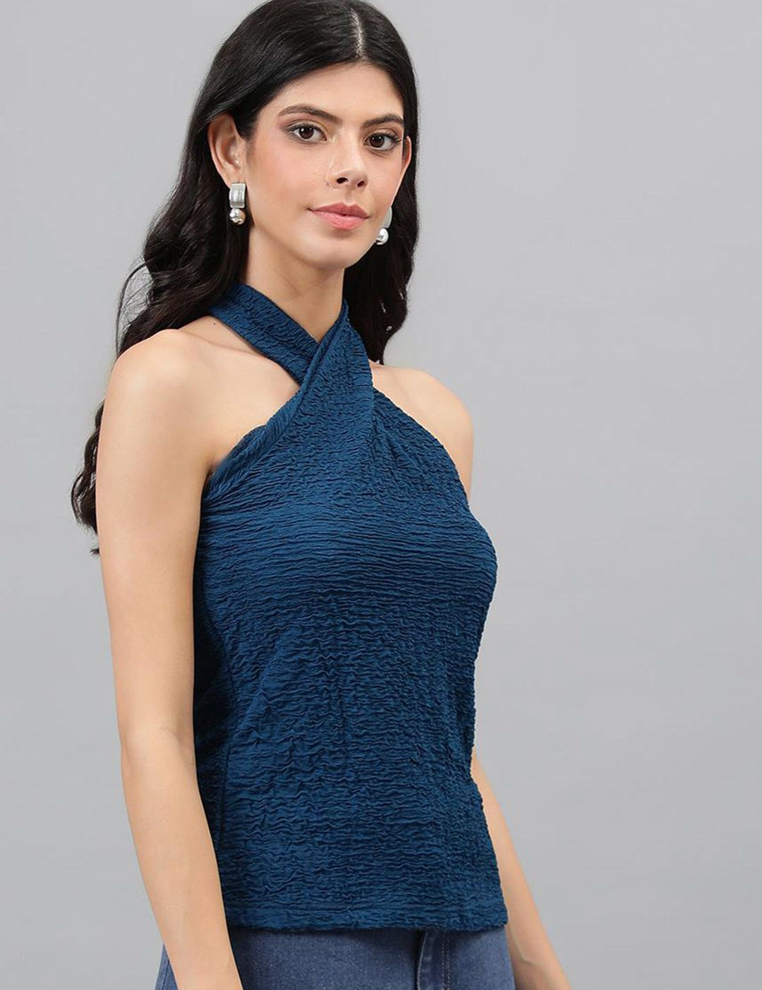 Kotty Blue Self Design Sleeveless Top