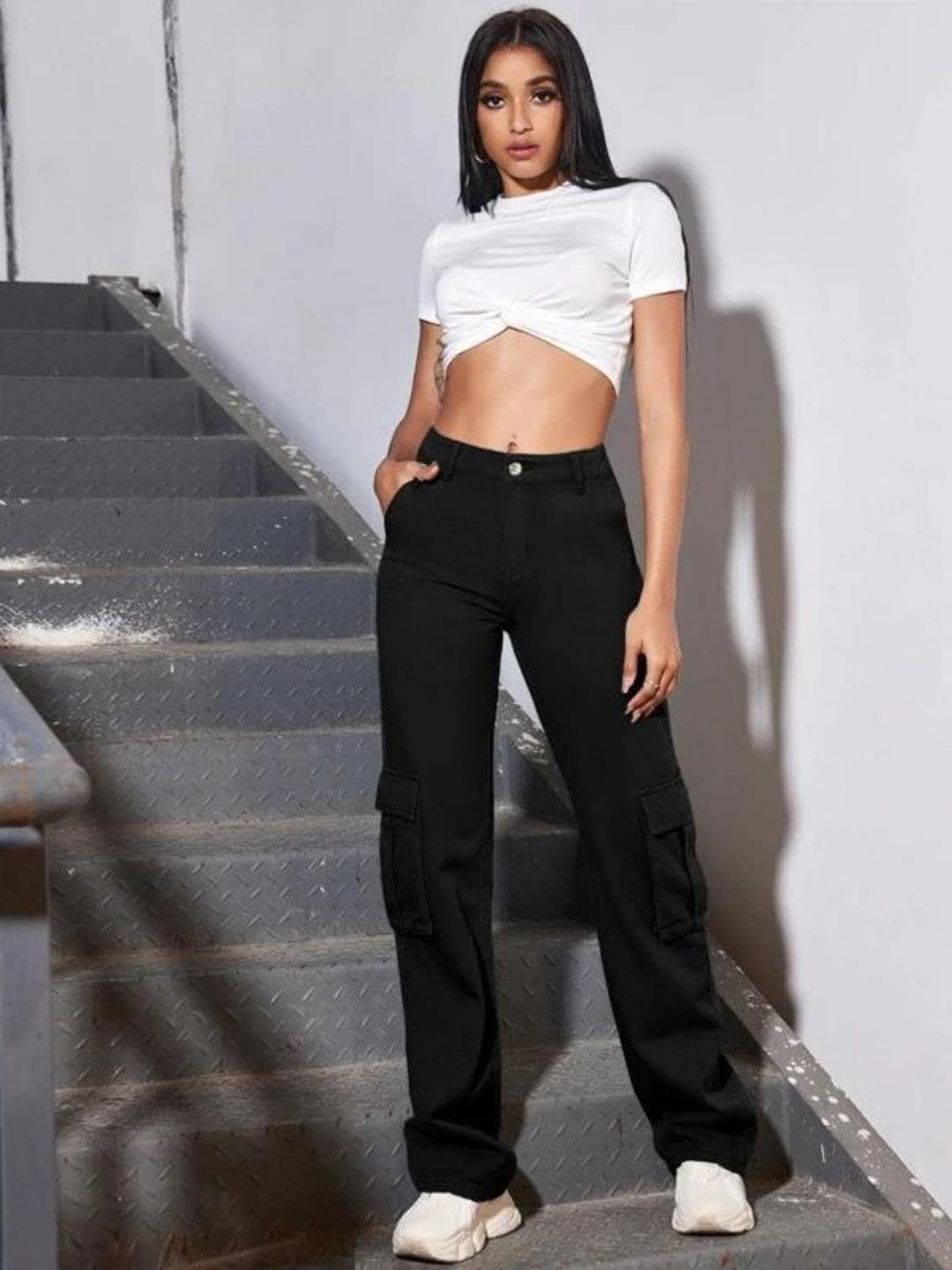 Kotty Women Black Jean Straight Fit High-Rise Clean Look Stretchable Cargo Jeans