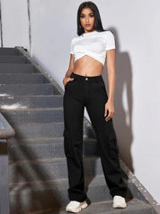 Kotty Women Black Jean Straight Fit High-Rise Clean Look Stretchable Cargo Jeans