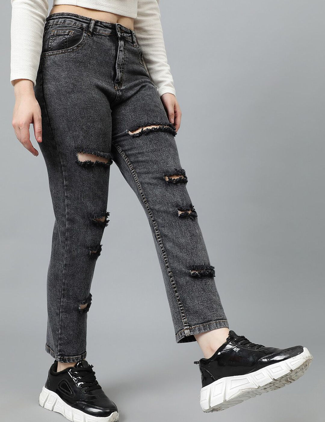 Kotty Women Grey Jean High-Rise Highly Distressed Stretchable Jeans