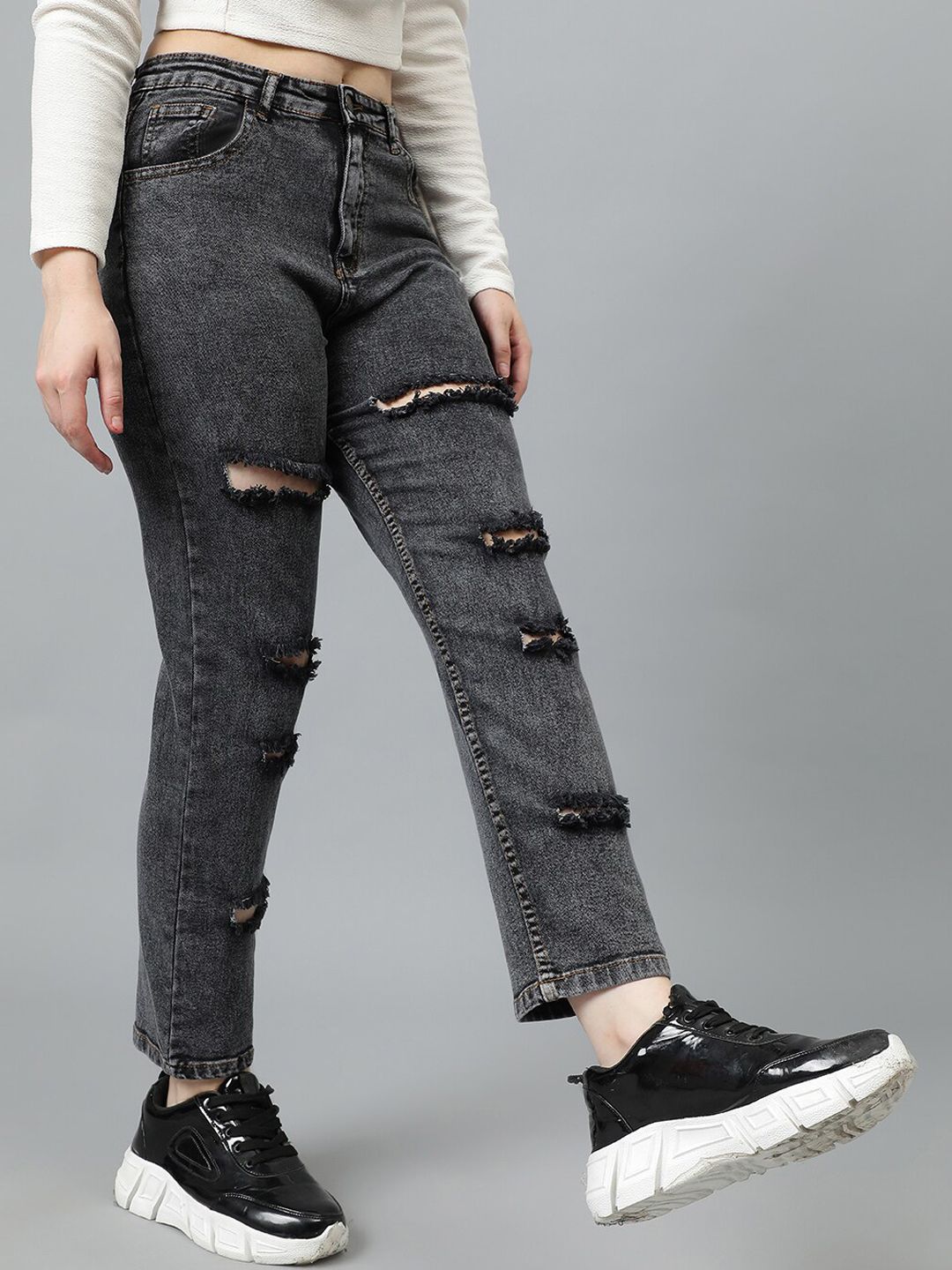 Kotty Women Grey Jean High-Rise Highly Distressed Stretchable Jeans