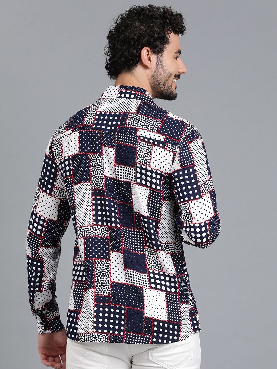 Kotty Navy Blue & White Polka Dot Printed Cutaway Collar Relaxed Fit Casual Shirt