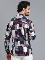 Kotty Navy Blue & White Polka Dot Printed Cutaway Collar Relaxed Fit Casual Shirt