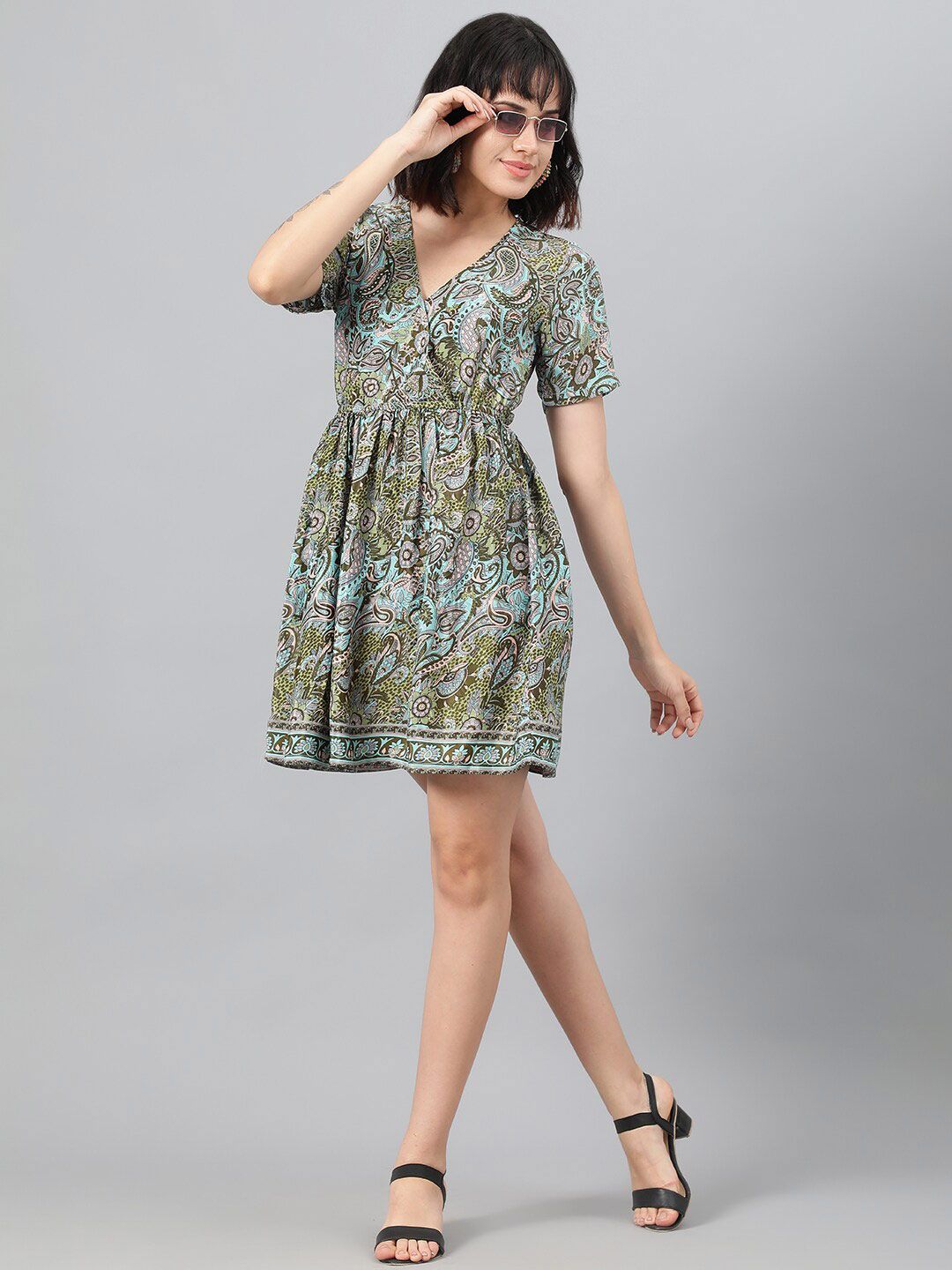 Kotty Green Ethnic Motif Printed Fit & Flare Mini Dress