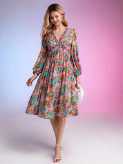 Kotty Pink & Green Floral Printed Puffed Sleeves Satin Empire Midi Dress