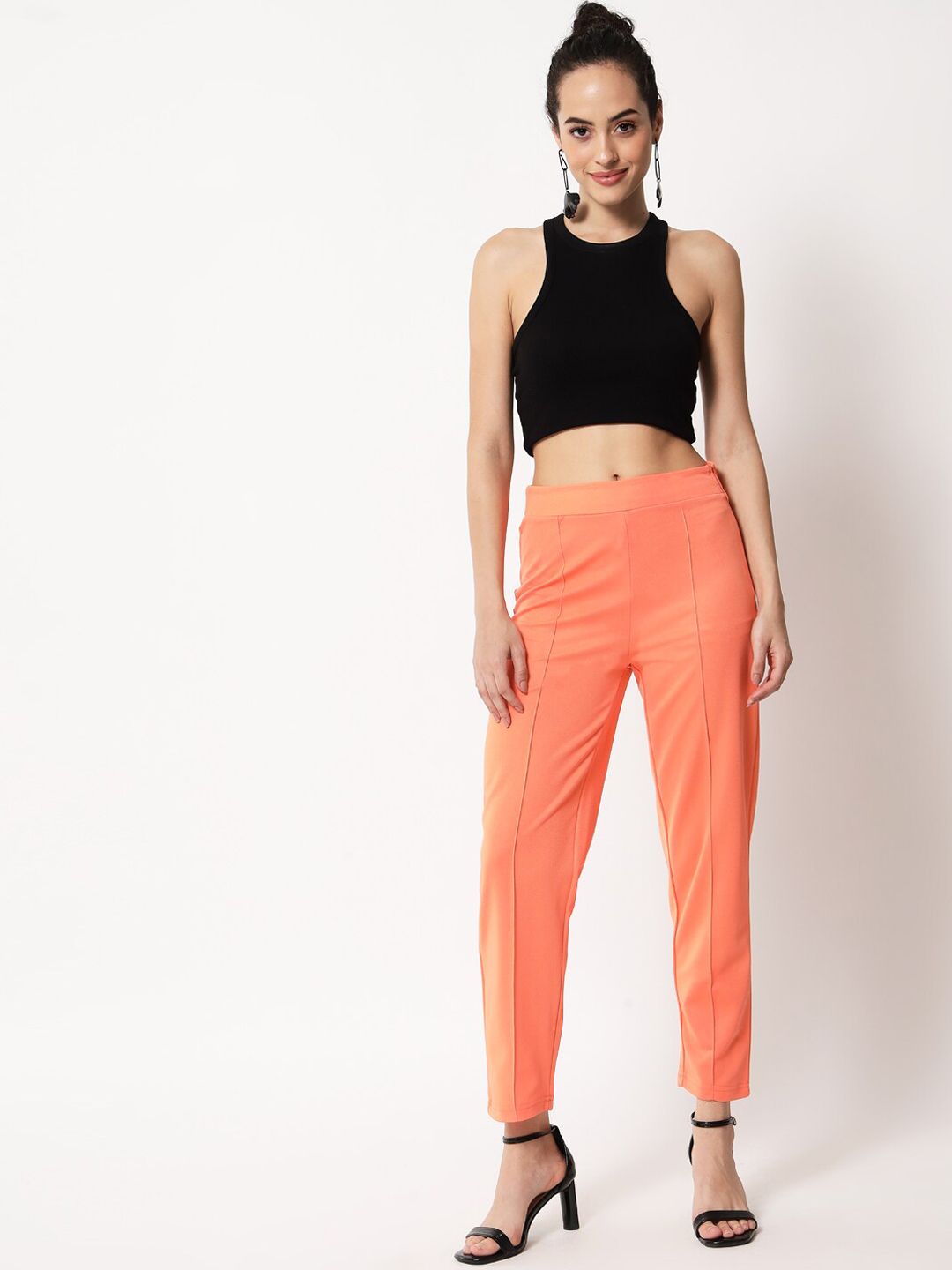 Kotty Women Orange Relaxed Straight Fit Easy Wash Trouser