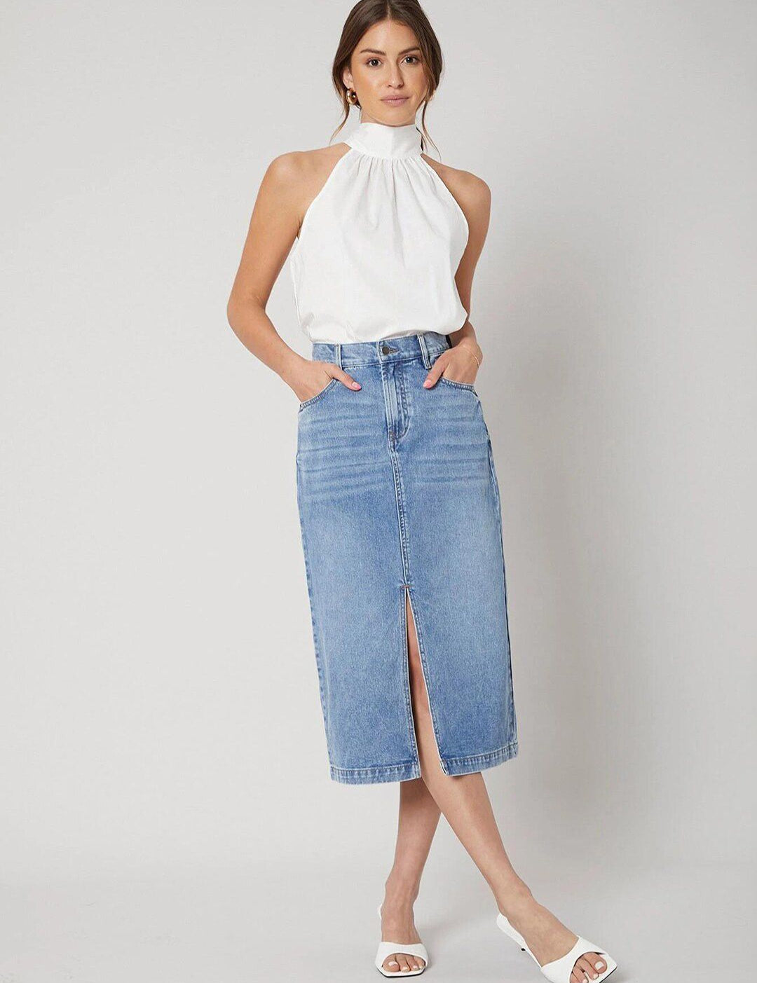 Kotty Front Slit A-line Denim Midi Skirt