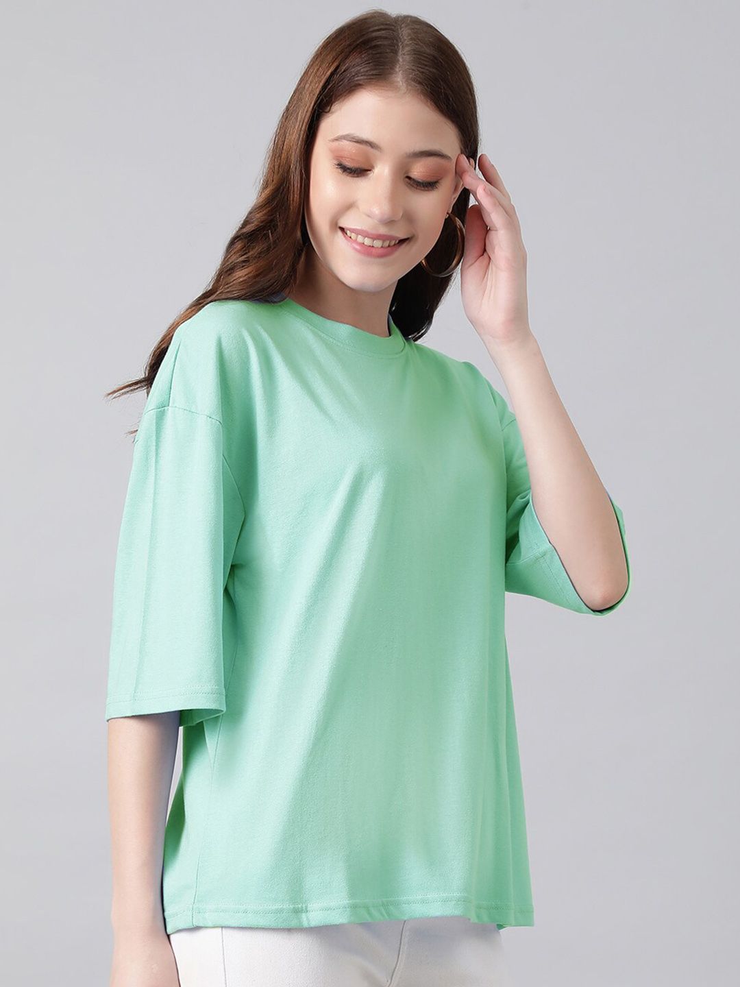 KOTTY Basics Round Neck Drop-Shoulder Sleeves Oversized Fit Cotton T-Shirt